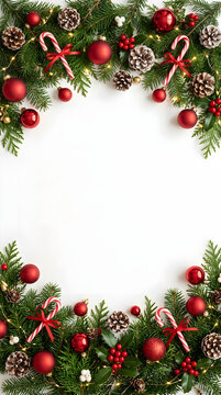 Festive Christmas border background with red ornaments and pine cones