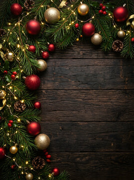 Rustic Christmas Background with Pine Branches and Red Gold Ornaments