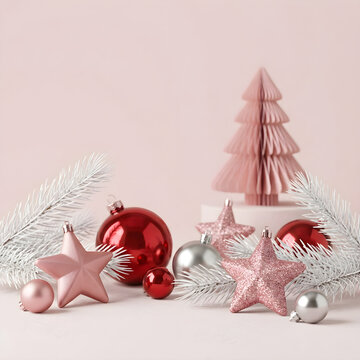 Minimalist Christmas Scene with Red and Pink Ornaments and Tree