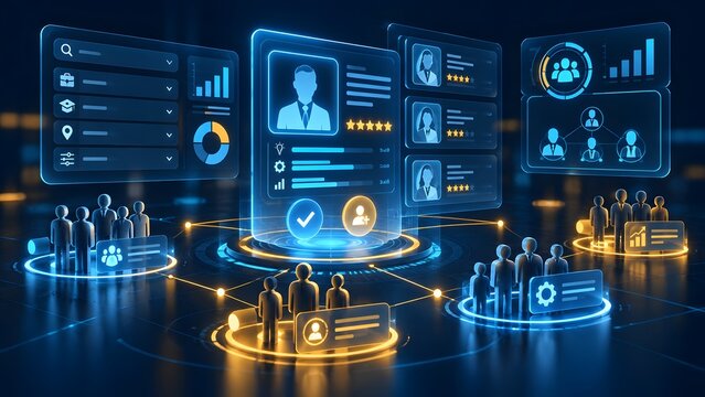 Digital interface displaying human resources management system with employee profiles performance metrics and organizational charts illustrating recruitment and team building concepts in a futuristic