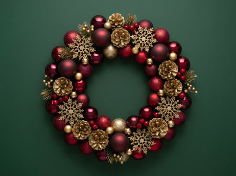 Elegant Christmas Wreath With Red And Gold Baubles On Green Background