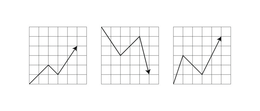 Financial line chart vector set features grid graphs displaying business growth, market trends, and decline data. These minimal icons are perfect for analytics and corporate reports.