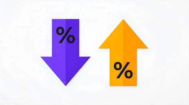 Two arrows, one purple pointing down and one orange pointing up, both with percentage symbols, representing change.