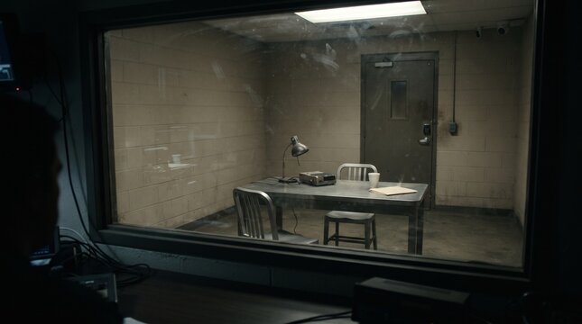 empty dark police interrogation room seen through one way mirror glass with metal table and lamp