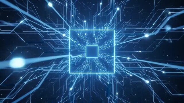 Futuristic blue digital circuit board microchip video with glowing data lines and technical electronic network connectivity