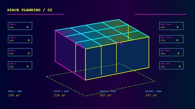 Three variations of bim modeling architectural diagrams showing isometric floor plans with glowing wireframe structures and floating numerical data readouts displayed on a dark purple background