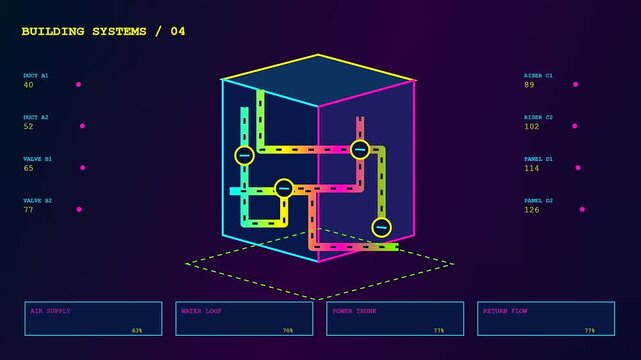 A digital bim modeling interface displays floating neon cubic structures with glowing pipe networks and evolving data metrics representing complex utility system management in dark space