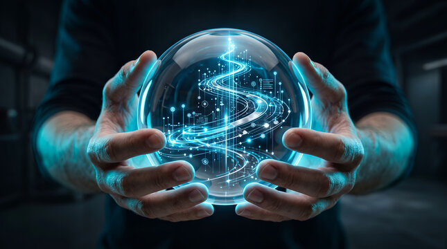 Futuristic digital sphere held in hands representing innovation and data connectivity