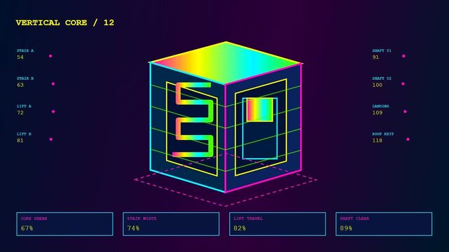 Three panels displaying bim modeling interface with changing neon isometric cubes showing numerical data points for structural floor planning in a digital engineering software user environment