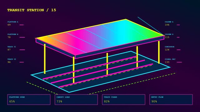 A digital bim modeling interface showing structural station data for transit infrastructure design displayed as isometric glowing wireframe animations that shift with varying performance load metrics