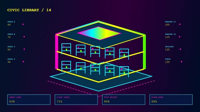 Data analytics showing bim modeling within a digital library structure featuring neon interface grids and isometric architectural statistics displayed across three distinct frames on screen
