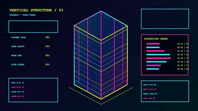 Digital bim modeling data displayed on dark monitors showing three changing isometric building structures with glowing lines and metrics for engineering and architecture design project