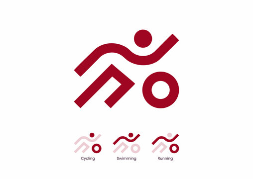Abstract Triathlon Sports Logo Vector Illustration, Red Cycling Swimming Running Icon Design Concept for Fitness, Athlete, Marathon, Event & App
