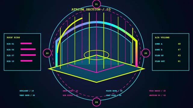 A digital bim modeling interface showing structural analysis of atrium rib configurations with dynamic neon lines glowing in a dark virtual space for architectural engineering design