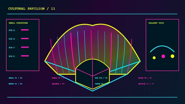 A structural bim modeling interface displayed as a digital projection showing schematic architecture design progression with geometric ribs and colorful shell curves on a dark background