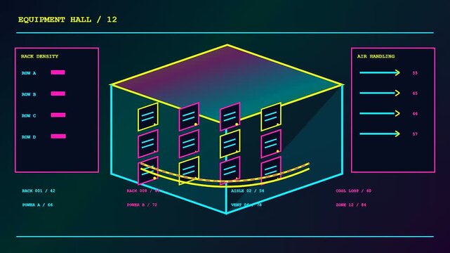 Bim modeling software interface displaying isometric server rack modules with data overlays showing fluctuating air cooling values and power consumption metrics within a digital server room