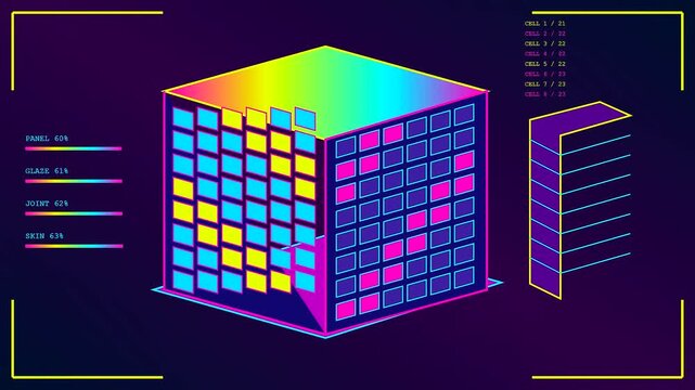 Bim modeling digital dashboard showing cube data progress with glowing neon boxes changing colors during a fluid transformation sequence inside a dark virtual environment simulation interface