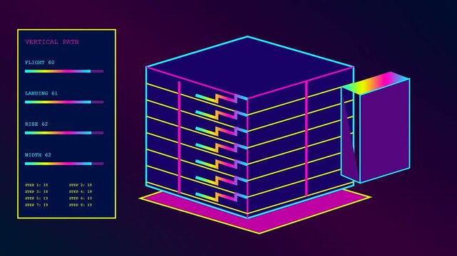 Digital bim modeling data displayed on a dark interface showing architectural cubes with changing measurements and numeric values in a synchronized loop for engineering design planning