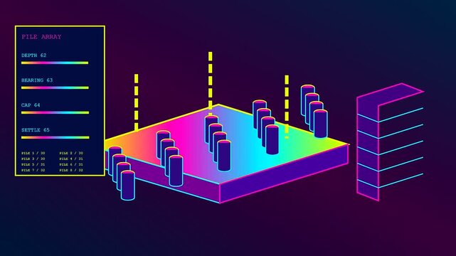 A detailed digital bim modeling display showcasing foundation piles with shifting numeric data parameters rendered in vibrant neon gradients on a dark blue background during engineering