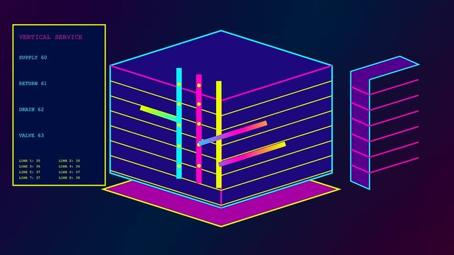 A digital bim modeling interface displays dynamic vertical service layers with rotating wireframe box diagrams across a dark purple gradient surface for architectural project visualization