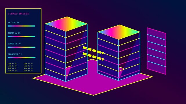 Isometric bim modeling software displays architectural structure metrics and numerical data changing across three continuous panels in a glowing neon purple light grid design layout