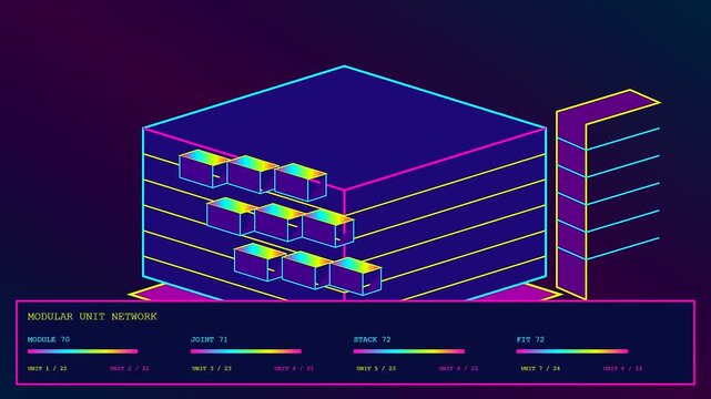 Three panel sequence showcasing bim modeling workflow featuring modular unit network structures with shifting spatial configurations displayed in a vibrant digital interface with neon line graphics