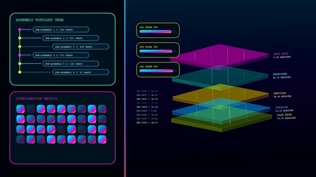 Digital bim modeling interface showcasing abstract layered structural assembly data visualization with neon glowing architectural diagrams and matrix grid analytics presented on a dark screen display