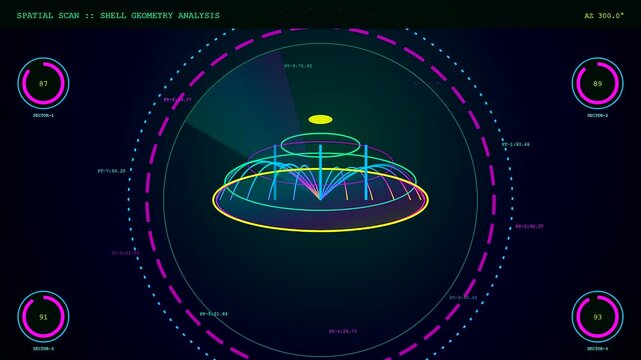 Bim modeling software visualizes complex shell geometry through glowing radial interfaces displaying numerical data points on a dark digital monitor screen for structural engineering design analysis