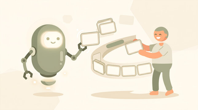 A person organizing digital data files with a friendly robot assistant in flat style