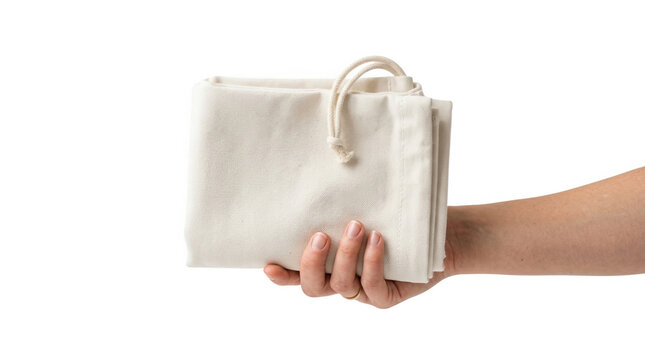 A person's hand is holding a neatly folded, natural-colored cotton tote bag with a drawstring closure, set against a contrasting black background, emphasizing the bag's texture and practicality