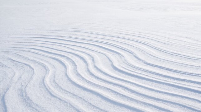 Winter snow texture with wind sculpted ripples forming smooth parallel curves on pristine white surface. Minimalist natural background with soft blue shadows. Abstract pattern.