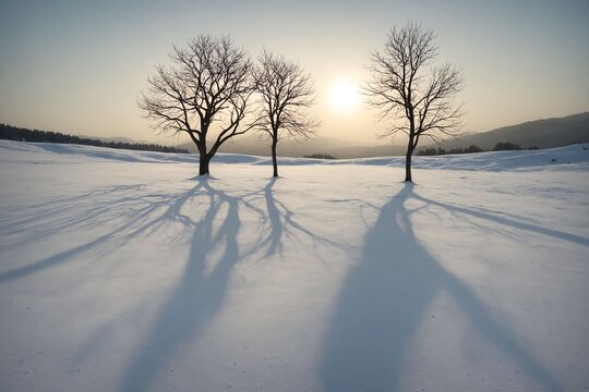 雪原に長い影を落とす三本の裸木