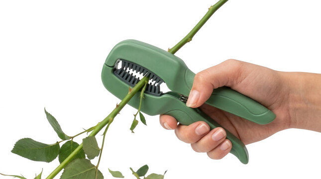 A hand using a green stem cutting tool on a rose branch, demonstrating the process of pruning or trimming plants for optimal growth and health in gardening