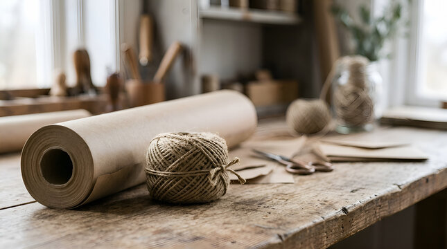 Kraft paper roll, twine ball, and natural craft supplies arranged on rustic wooden table in bright studio workspace