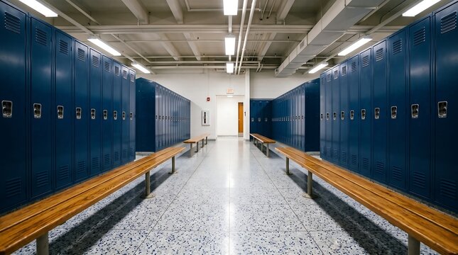 A large school locker room with rows of blue lockers and wooden benches.