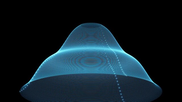 Abstract Waveform Visualization: A mesmerizing abstract digital visualization showcases a glowing blue waveform with intricate patterns and a dotted line, set against a dark backdrop.