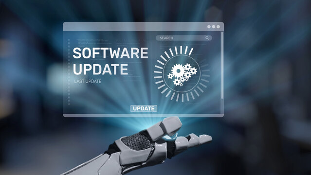 A futuristic robotic hand presents a digital screen featuring a software update, emphasizing technology and innovation in automation and artificial intelligence for modern systems. Salient