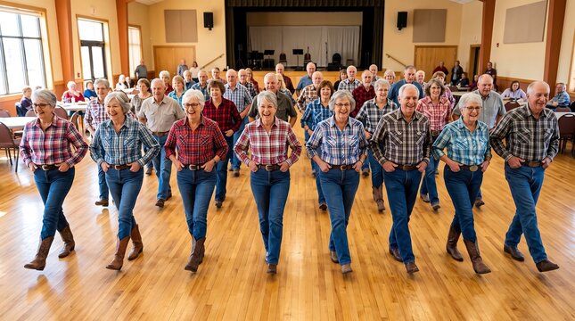 A large group of seniors in casual attire enjoying a country line dancing session indoors.