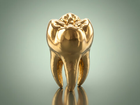 Shiny golden tooth molar crown symbol of dental care luxury dentistry and oral hygiene 3d illustration