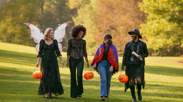 Friends in Halloween costumes walking in autumn park with pumpkin candy buckets. Woman in fairy wings and man in witch hat trick or treating. Halloween party and celebration.