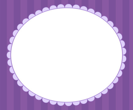 Lavender scalloped lace border frames a horizontal oval as bold modern trim on purple striped background vector illustration for invitations, labels, cards and stationery design projects.
