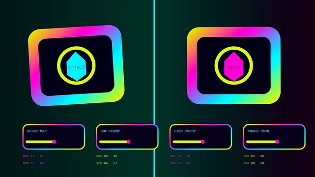 Blockchain tracking shows data flow across multiple colorful digital nodes inside a virtual screen layout featuring rhythmic pulse movement and changing signal metrics for analytics