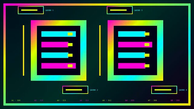 Abstract blockchain tracking animation showing shifting digital data bars in a graphical user interface style with colorful neon gradients on a dark screen background