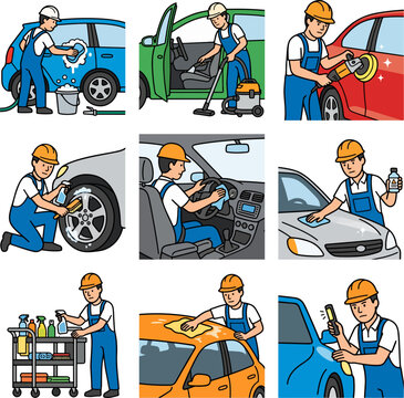 Professional car detailing service illustrations on white background