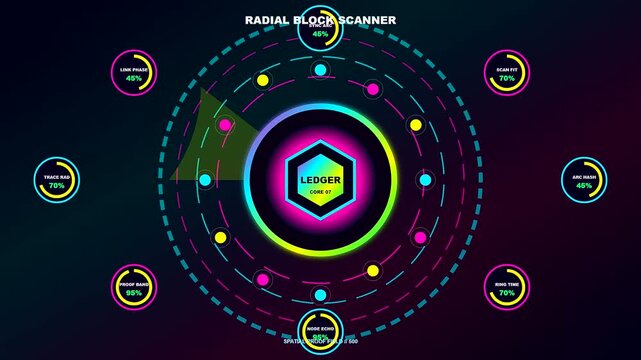 Blockchain tracking interface displays moving circular data points and glowing hexagonal nodes across a dark digital screen to visualize network monitoring in a modern virtual environment