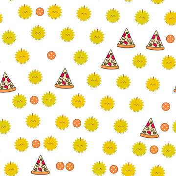 Cute Food Pattern with Durian and Pizza Slices