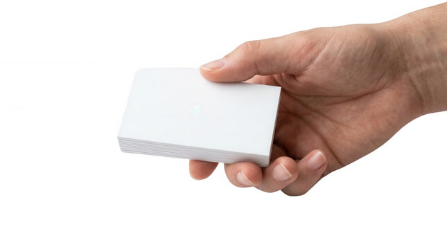 A close-up view of a hand holding a stack of blank business cards against a black background, highlighting the potential for customization and personal branding opportunities