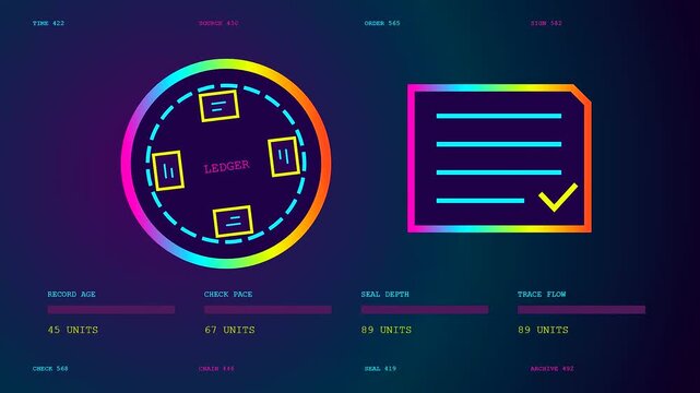 A digital blockchain tracking interface showing dynamic data points and document status icons pulsing in a colorful neon glowing environment with rapidly changing numerical values shown