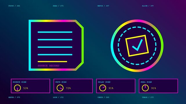 a blockchain tracking interface screen displays colorful data metrics with pulsing neon circles and glowing square document icons in a seamless looping motion graphic design