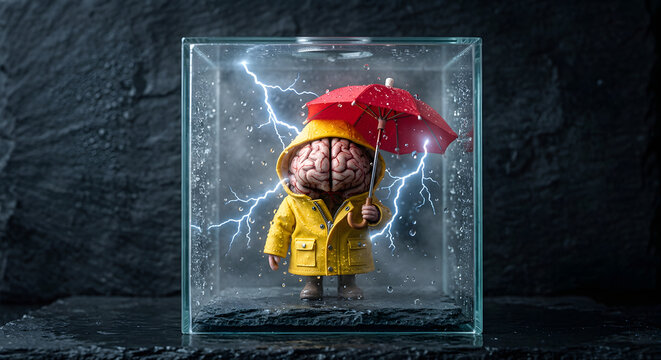 Conceptual Brainstorming Visual with Miniature Brain in Rainstorm with Lightning Inside Glass Cube